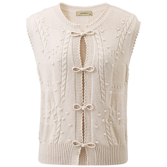 COMOBOCA 100% Cashmere Women's Bow Detailing Cable Knit Vest
