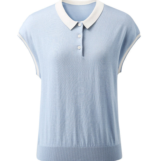 COMOBOCA Women's Cotton Silk Ribbed Polo Neck Knit T-Shirt