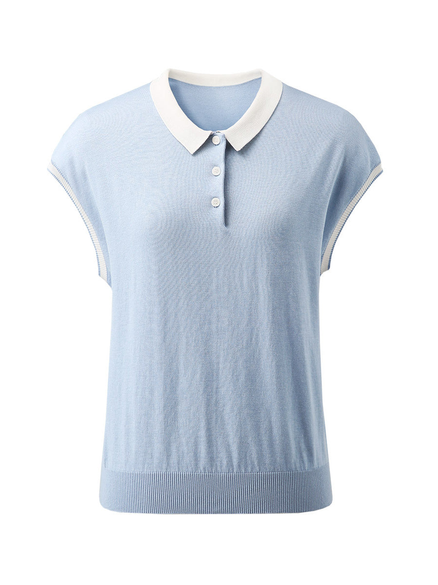 COMOBOCA Women's Cotton Silk Ribbed Polo Neck Knit T-Shirt