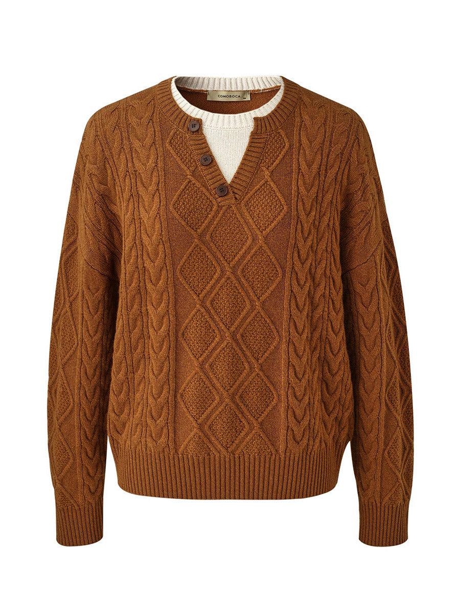 COMOBOCA 100% Wool Women's V-Neck Cable Knit Sweater