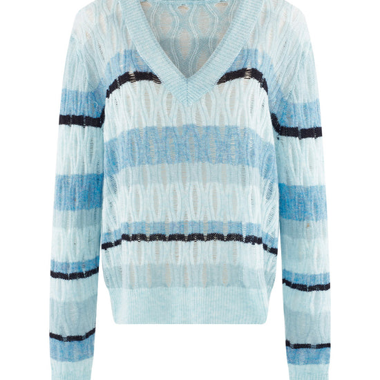 COMOBOCA 100% Cashmere Women's Striped V-Neck Knit Sweater