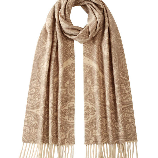 COMOBOCA Beige 100% Cashmere Women's Paisley Pattern Fringed Scarf