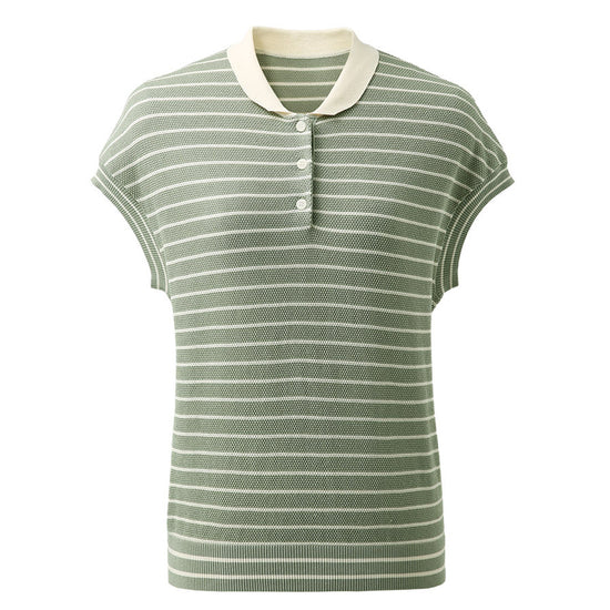 COMOBOCA Women's Cotton Silk Striped Knit Polo Shirt