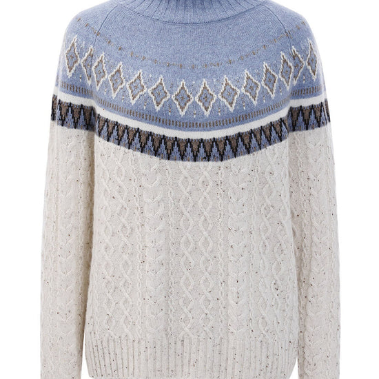 COMOBOCA 100% Cashmere Women's Mock Neck Fair Isle Cable Knit Sweater