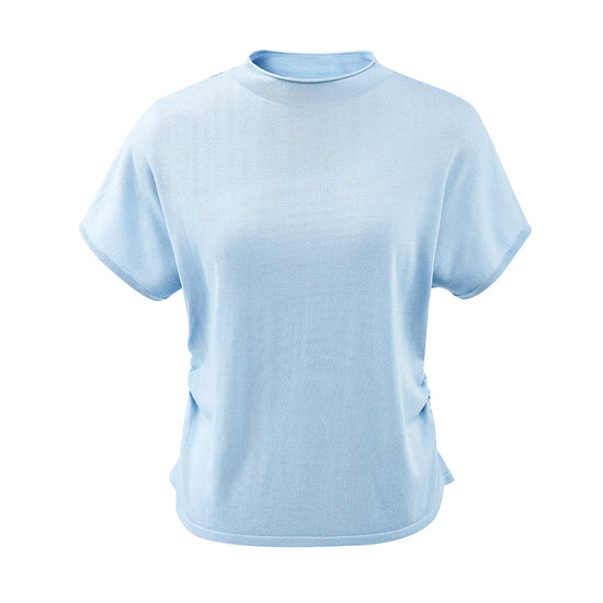 COMOBOCA Women's Side Ruched Mock Neck Knit T-Shirt