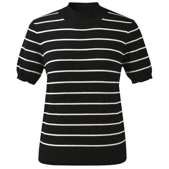 COMOBOCA 100% Wool Women's Mock Neck Striped Ribbed T-Shirt