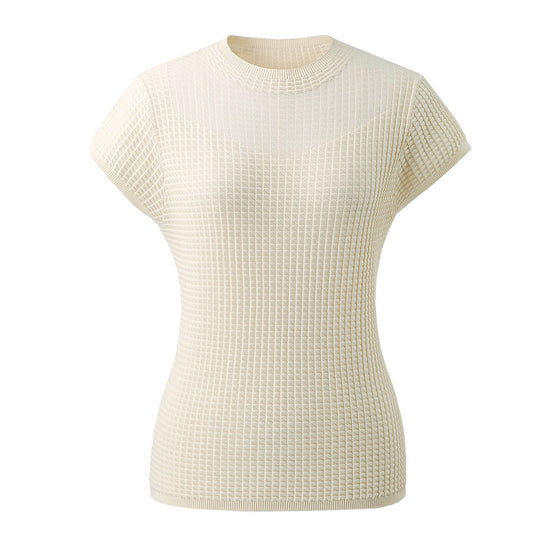 COMOBOCA Women's Waffle Knit Cap Sleeve T-Shirt with Sheer Yoke