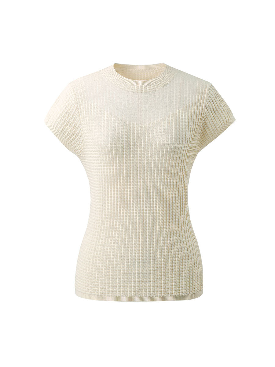 COMOBOCA Women's Waffle Knit Cap Sleeve T-Shirt with Sheer Yoke
