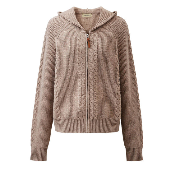 COMOBOCA 100% Wool Women's Cardigan Cable Knit Hoodie