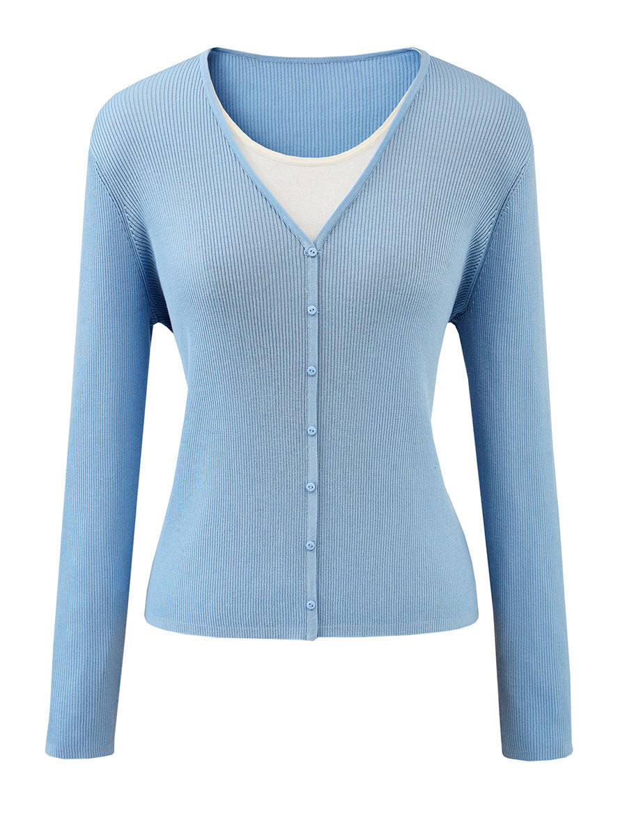 COMOBOCA Women's Ribbed Knit V-Neck Faux Cardigan