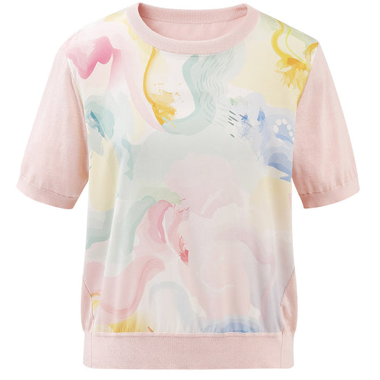 COMOBOCA Women's Floral Print Panel Knit T-Shirt
