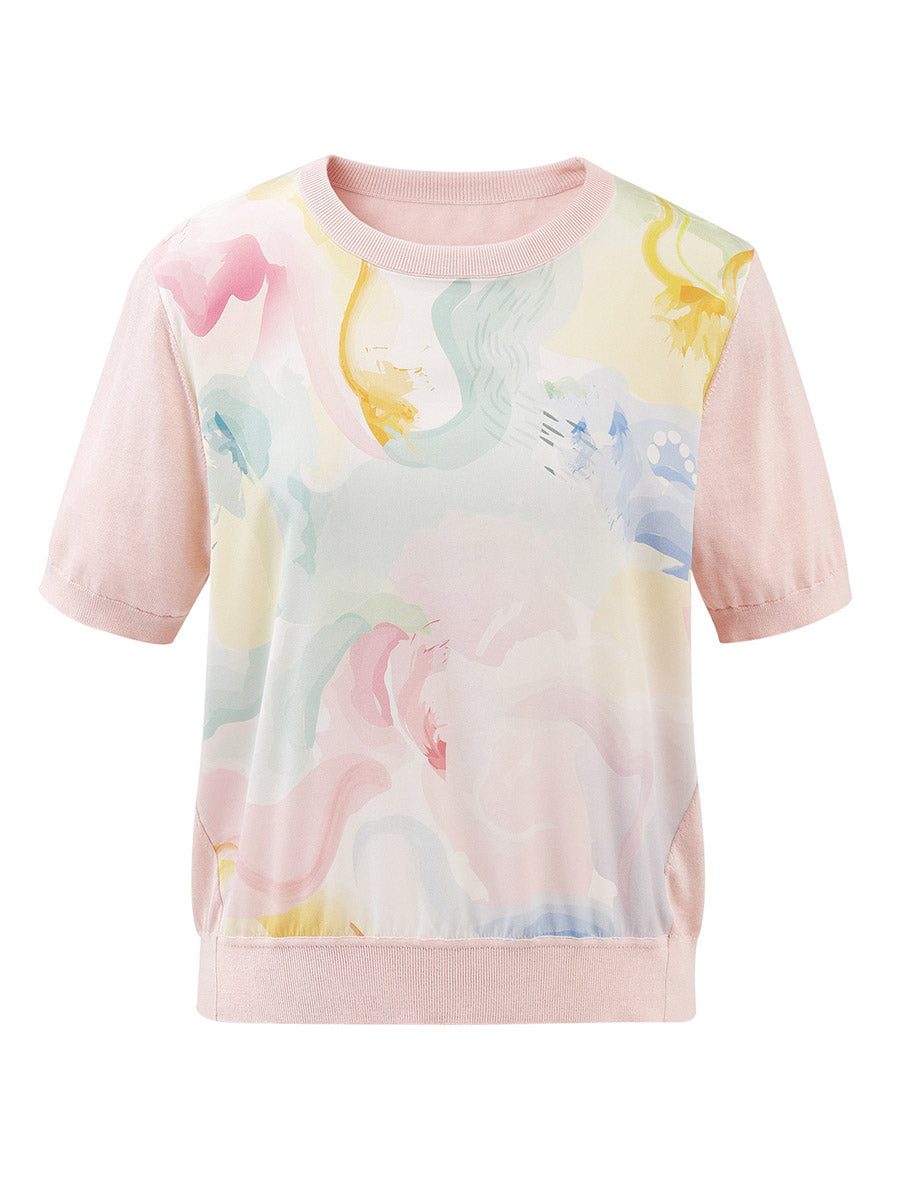 COMOBOCA Women's Floral Print Panel Knit T-Shirt