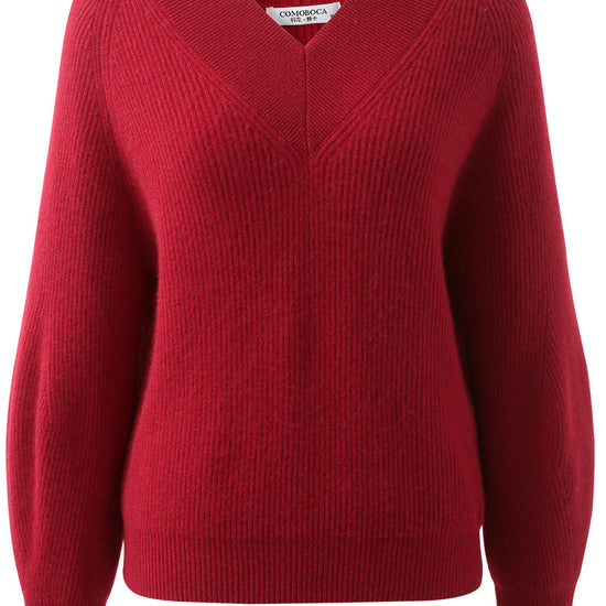 COMOBOCA 100% Cashmere Women's Lantern Sleeve V-Neck Knit Sweater