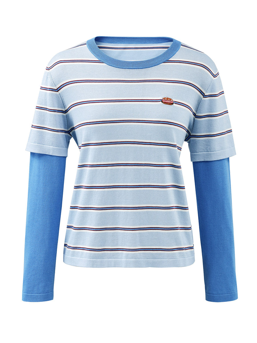 COMOBOCA Women's Layered Striped Round Neck Knit Sweater