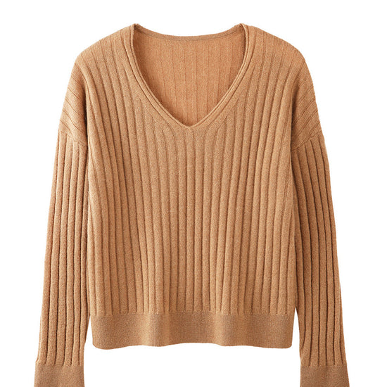 COMOBOCA 100% Cashmere Women's Cozy Ribbed V-Neck Sweater