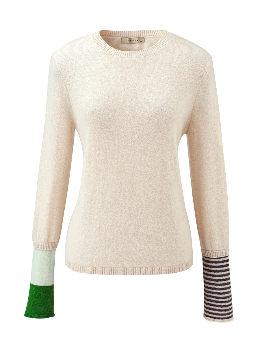 COMOBOCA 100% Cashmere Women's Color-Blocked Sleeve Knit Sweater