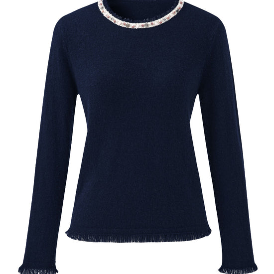 COMOBOCA 100% Cashmere Women's Fringed Hem Floral Sweater
