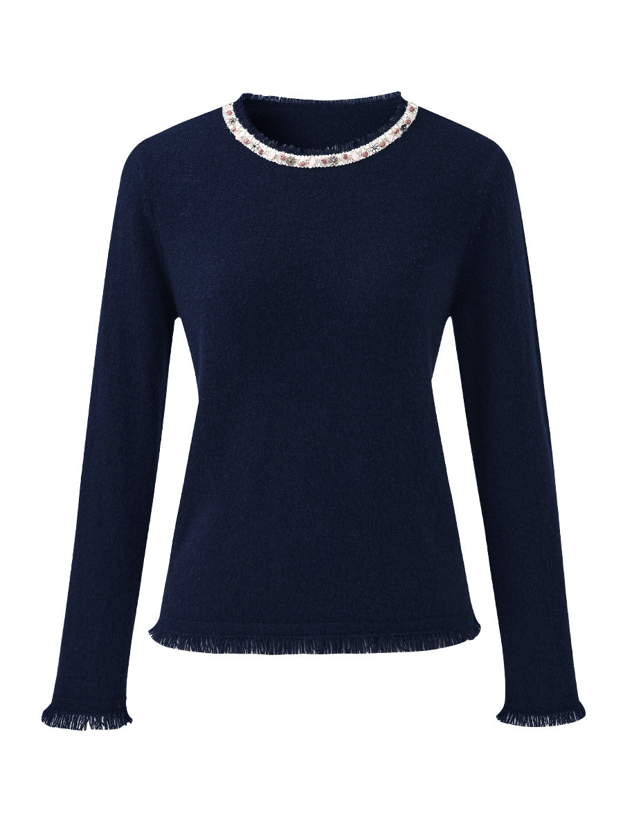 COMOBOCA 100% Cashmere Women's Fringed Hem Floral Sweater