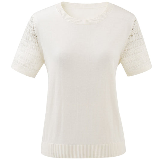 COMOBOCA Women's Lace Round Neck Knit T-Shirt