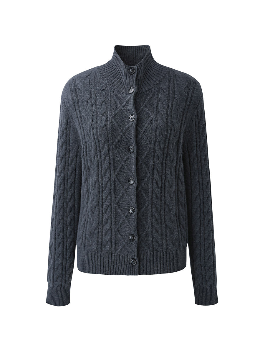 COMOBOCA 100% Cashmere Women's Cable Mock Neck Knit Cardigan