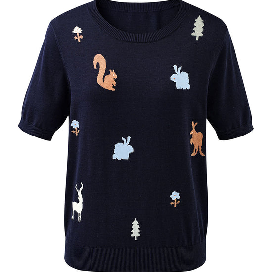 COMOBOCA Women's Forest Animal Intarsia Knit T-Shirt