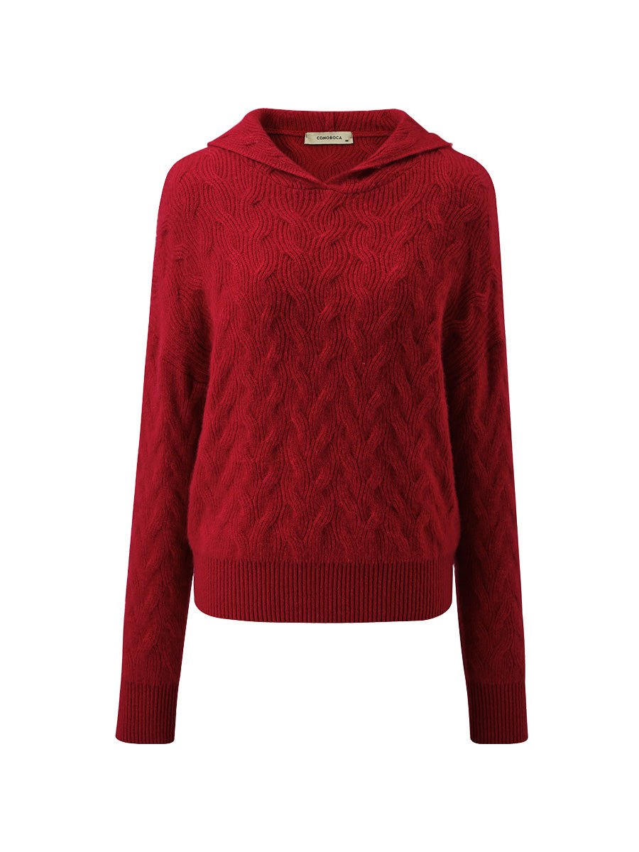 COMOBOCA 100% Cashmere Women's Cable Knit Hooded Sweater