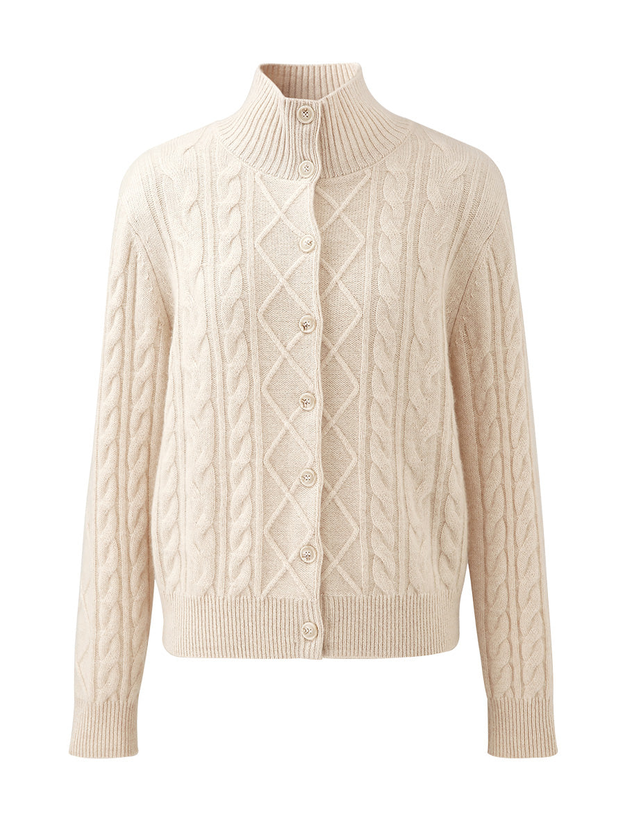 COMOBOCA 100% Cashmere Women's Cable Mock Neck Knit Cardigan