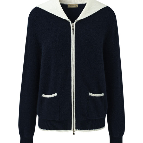 COMOBOCA 100% Cashmere Women's Contrast Collar Double Zip Cardigan