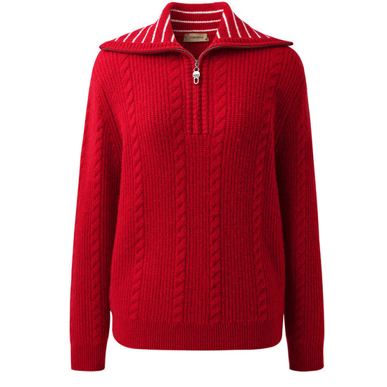 COMOBOCA 100% Cashmere Women's Cable Half Zip Striped Collar Sweater