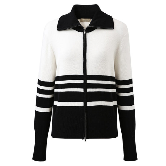 COMOBOCA 100% Wool Women's Striped Zip-Up Cardigan