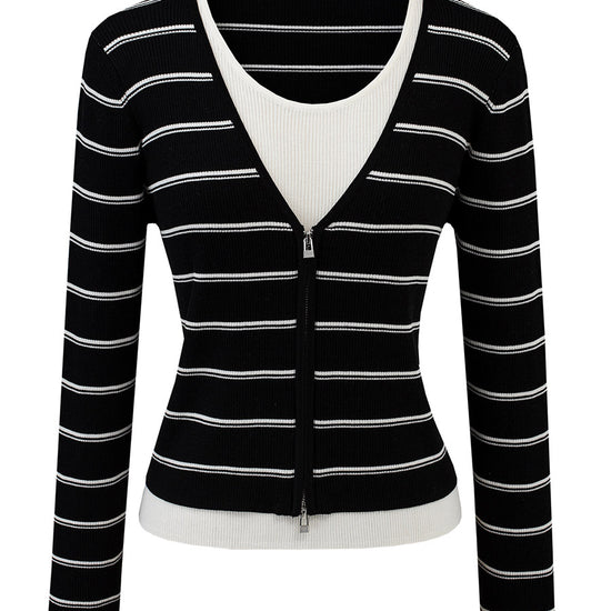 COMOBOCA Women's Striped Ribbed Knit Faux 2-in-1 Zip Cardigan
