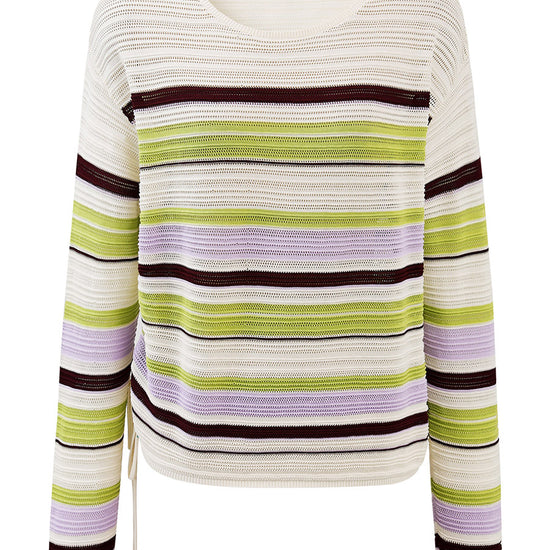 COMOBOCA Women's Striped Mesh Ruched Drawstring Knit Sweater