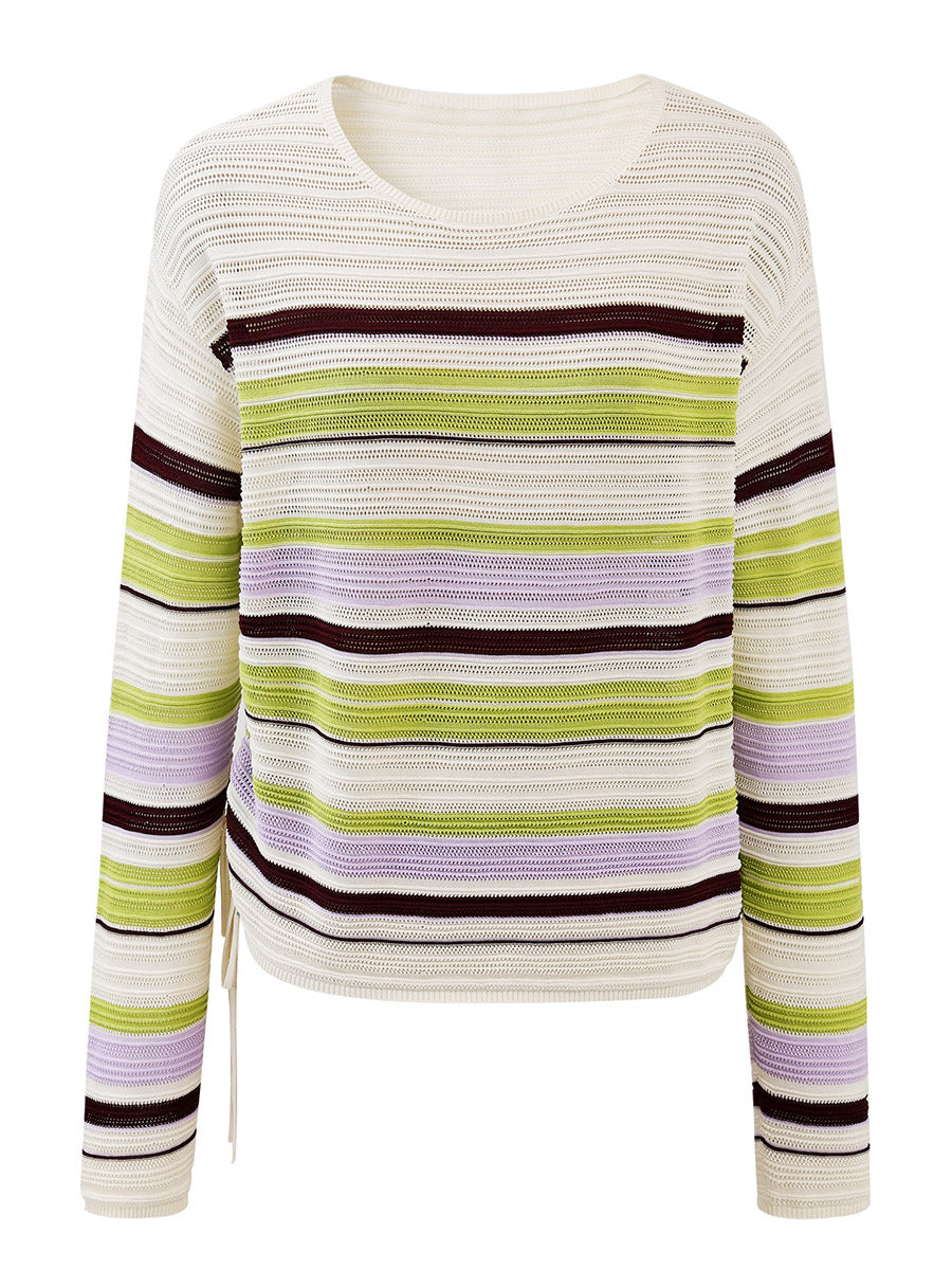 COMOBOCA Women's Striped Mesh Ruched Drawstring Knit Sweater