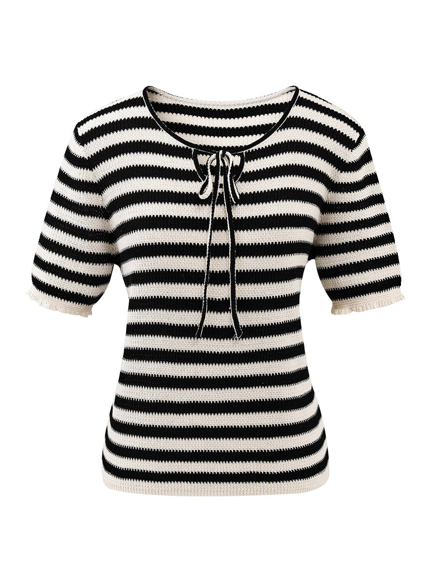 COMOBOCA Women's Tie-Neck Striped Knit T-Shirt