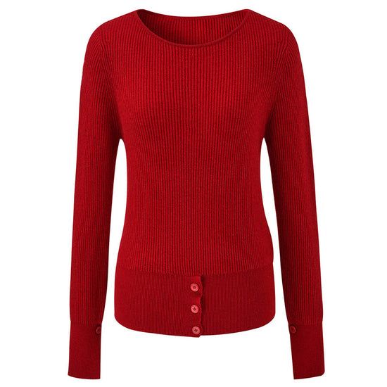 COMOBOCA 100% Cashmere Women's Round Neck Button Ribbed Knit Sweater