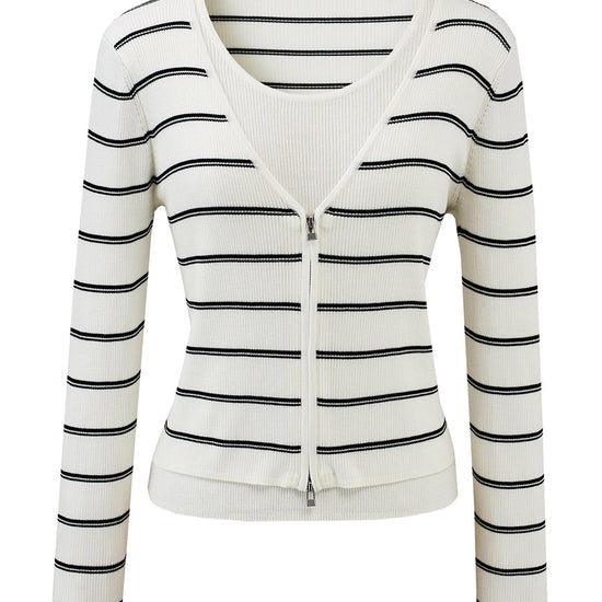 COMOBOCA Women's Striped Ribbed Knit Faux 2-in-1 Zip Cardigan