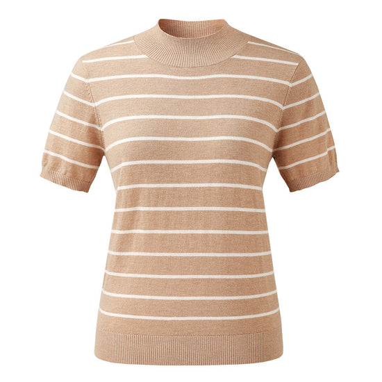COMOBOCA 100% Wool Women's Mock Neck Striped Ribbed T-Shirt
