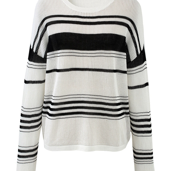 COMOBOCA Women's Asymmetric Stripe Mesh Knit Round Neck Sweater