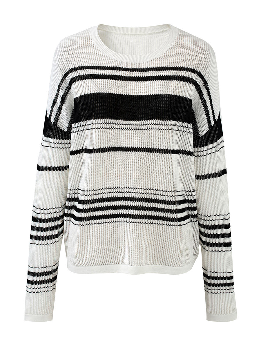 COMOBOCA Women's Asymmetric Stripe Mesh Knit Round Neck Sweater