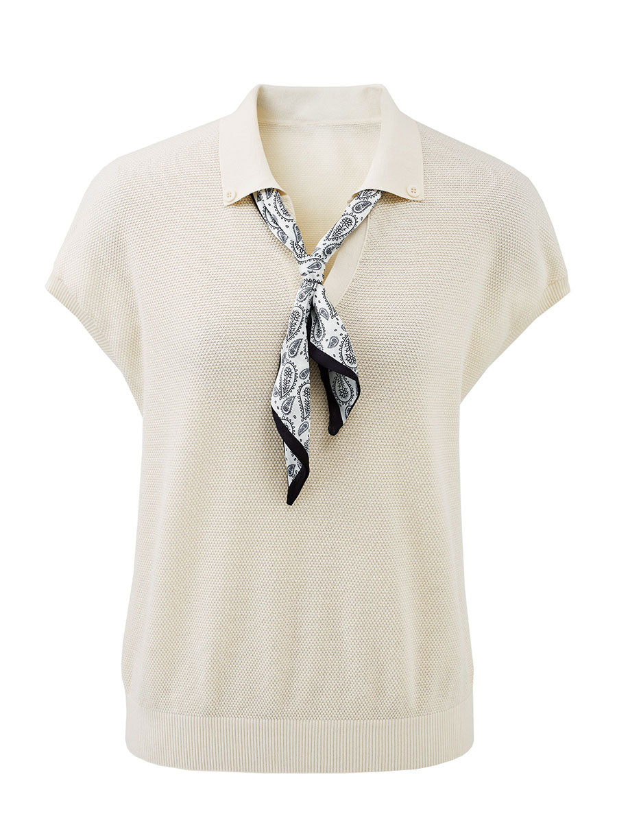 COMOBOCA Women's Paisley Scarf Polo Collar Waffle Knit T-Shirt