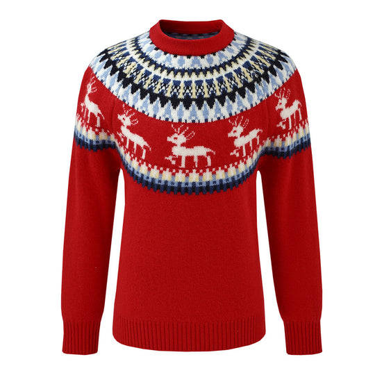 COMOBOCA 100% Wool Kids' Fair Isle Reindeer Round Neck Sweater