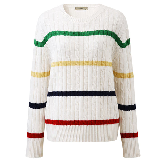 COMOBOCA 100% Wool Women's Colorful Striped Cable Knit Sweater