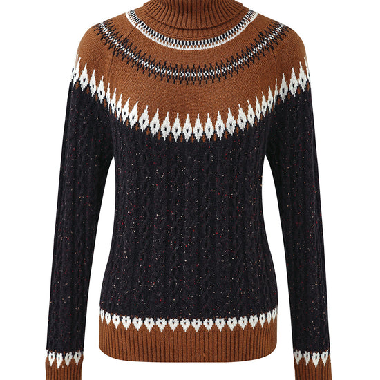 COMOBOCA 100% Cashmere Women's Cable Fair Isle Turtleneck Sweater