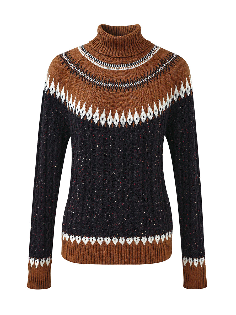 COMOBOCA 100% Cashmere Women's Cable Fair Isle Turtleneck Sweater