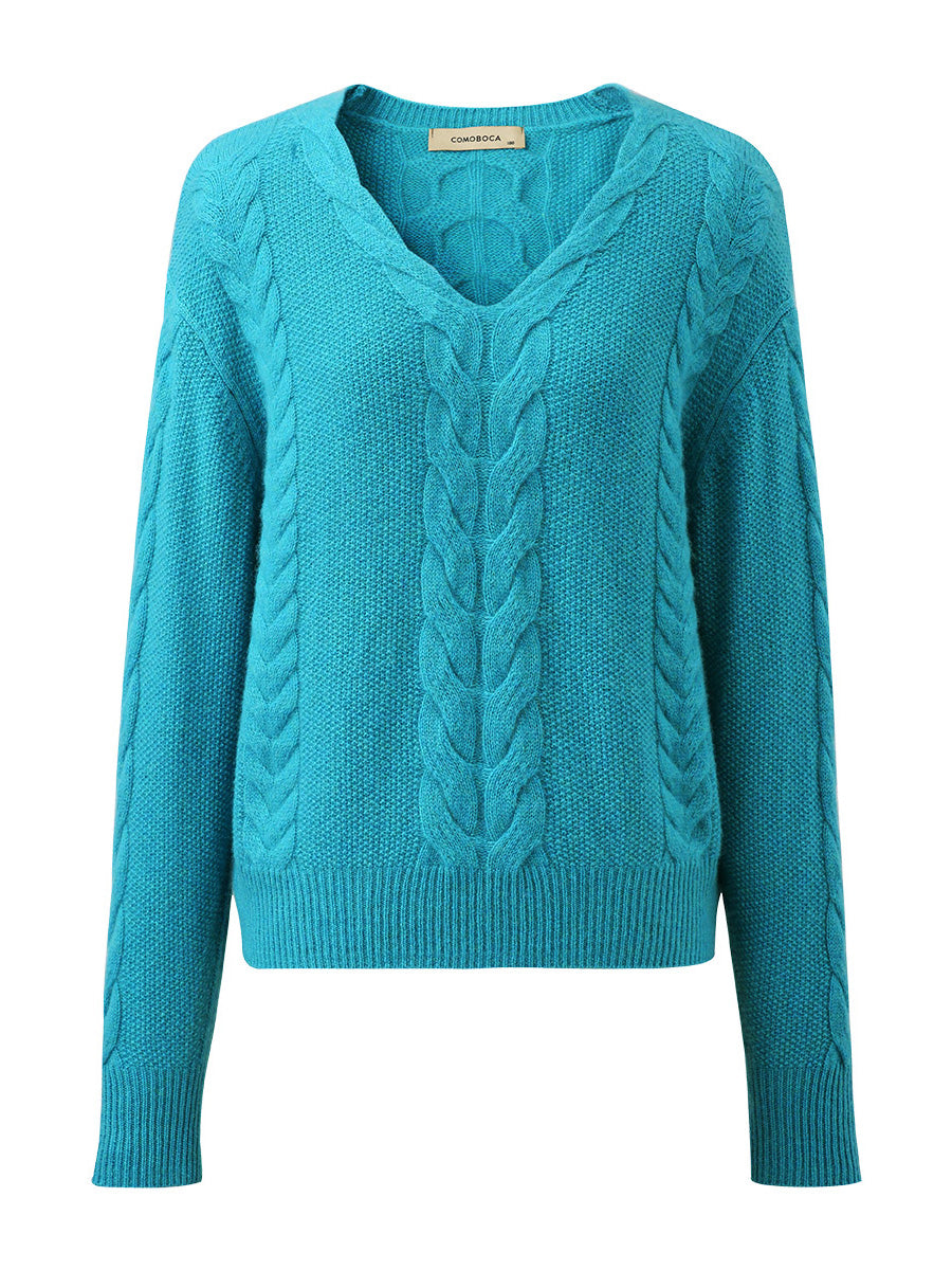 COMOBOCA 100% Cashmere Women's Cable Knit V-Neck Sweater
