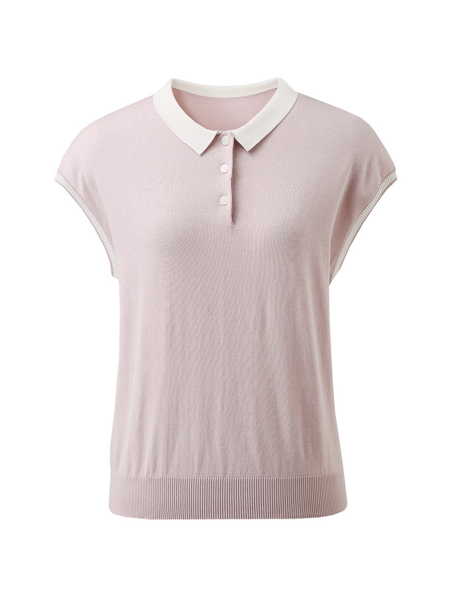 COMOBOCA Women's Cotton Silk Ribbed Polo Neck Knit T-Shirt