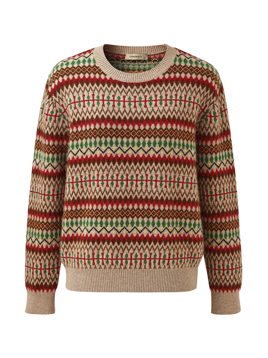COMOBOCA 100% Cashmere Women's Fair Isle Round Neck Sweater
