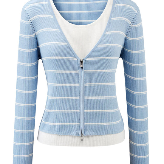 COMOBOCA Women's Striped Ribbed Knit Faux 2-in-1 Zip Cardigan