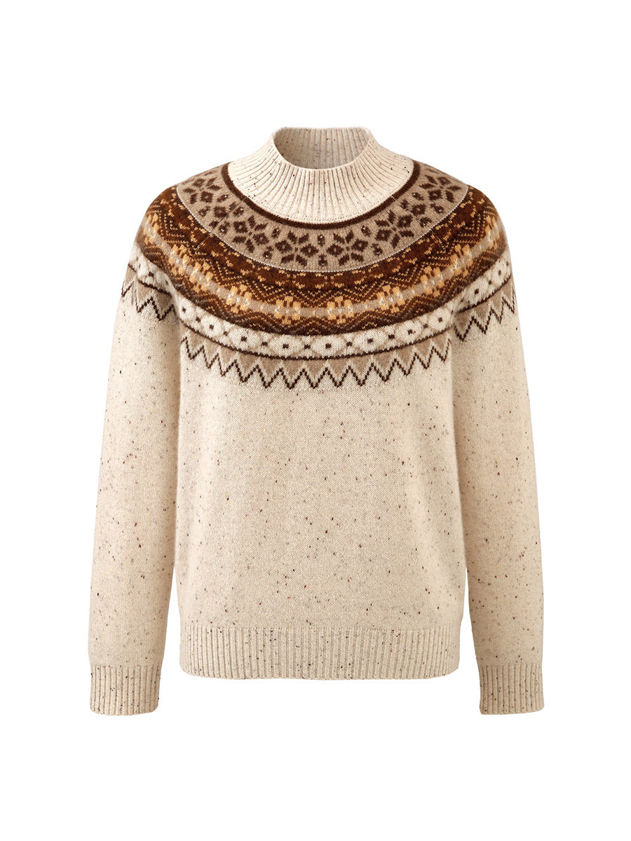 COMOBOCA 100% Cashmere Women's Fair Isle Mock Neck Sweater