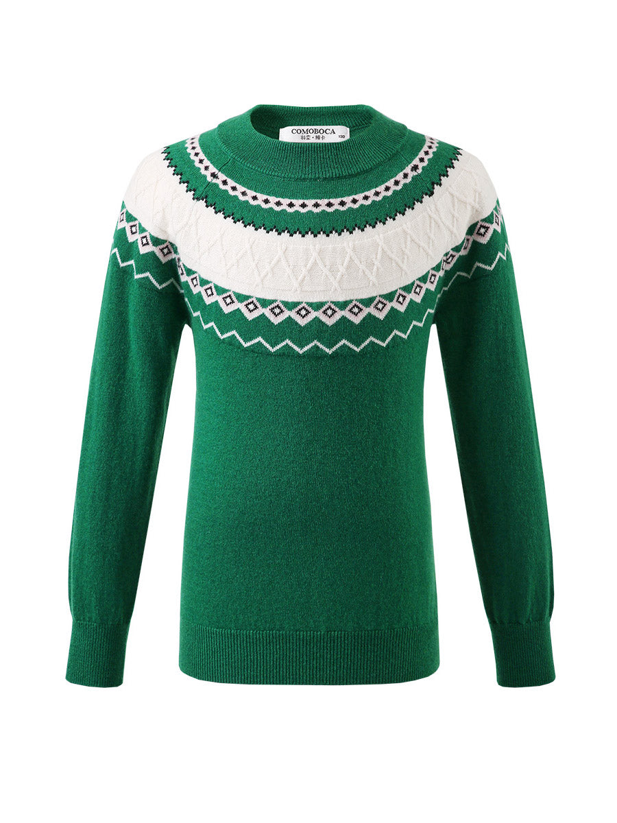COMOBOCA 100% Wool Kids' Jacquard Round Neck Sweater